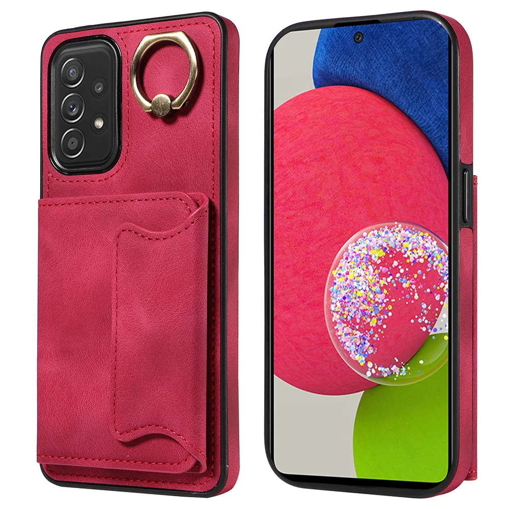 001 For Samsung Galaxy A52 4G / A52s 5G / A52 5G Finger Ring Kickstand Cover PU Leather TPU Card Holder Phone Case