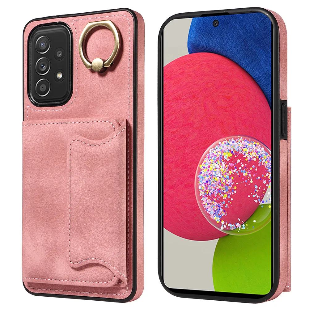 001 For Samsung Galaxy A52 4G / A52s 5G / A52 5G Finger Ring Kickstand Cover PU Leather TPU Card Holder Phone Case