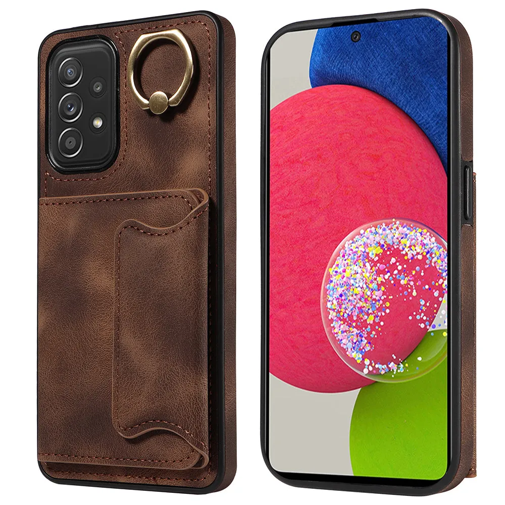 001 For Samsung Galaxy A52 4G / A52s 5G / A52 5G Finger Ring Kickstand Cover PU Leather TPU Card Holder Phone Case