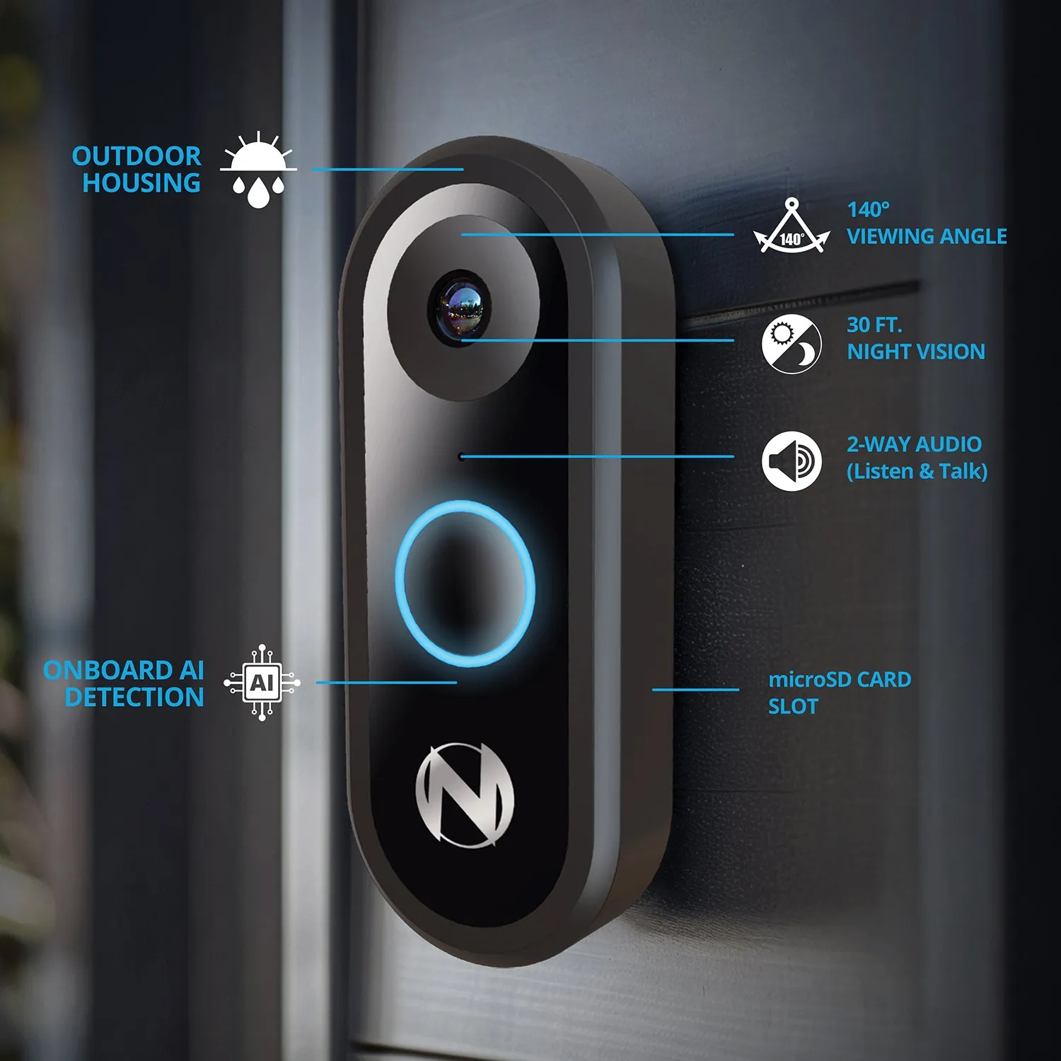 1080p Video Doorbell - Wired - Black