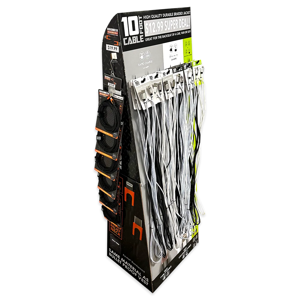 10FT Braided Sync and Charge Cable Assortment Floor Display - 36 Pieces Per Retail Ready Display 88479