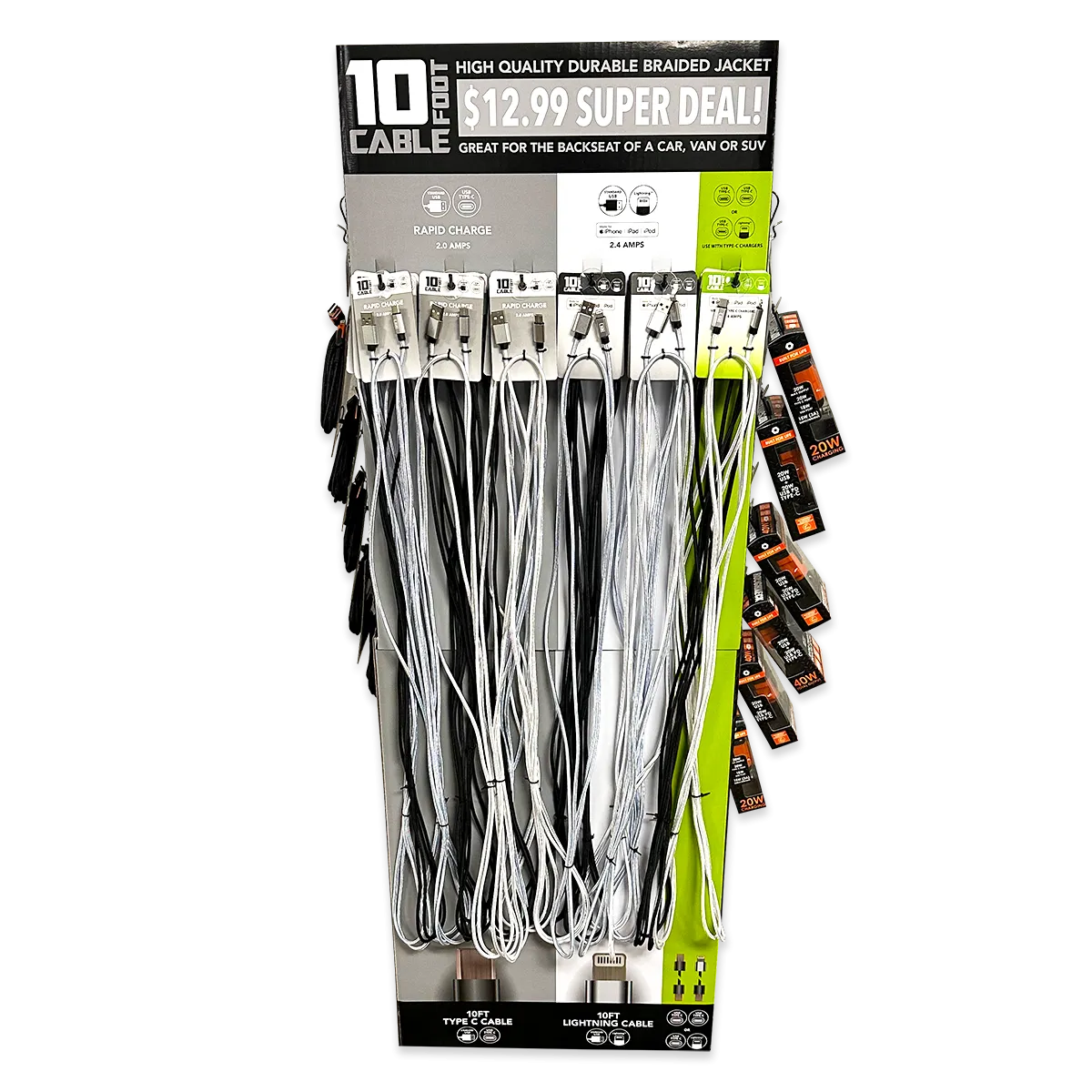 10FT Braided Sync and Charge Cable Assortment Floor Display - 36 Pieces Per Retail Ready Display 88479