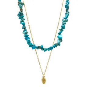 14k Gold Plated Multi Shape Turquoise Stone Shell Pendant Layered Necklace