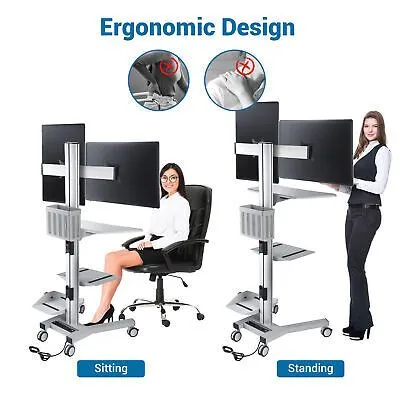 2 Monitor Stand Mobile Cart Computer Desk Tradeshow Office Height Adjust Shelf