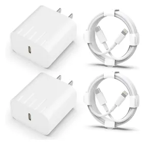 2-Pack 20W PD Wall Charger Adapter W/ 6ft Type C Lightning Cables