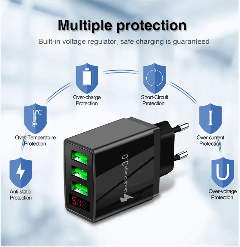 3 port LED Display Wall Charger  and 3 in 1 Cable Bundle Gold