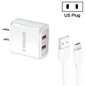 36W Dual QC3.0 USB Charger with 3A Type-C Data Cable, US Plug