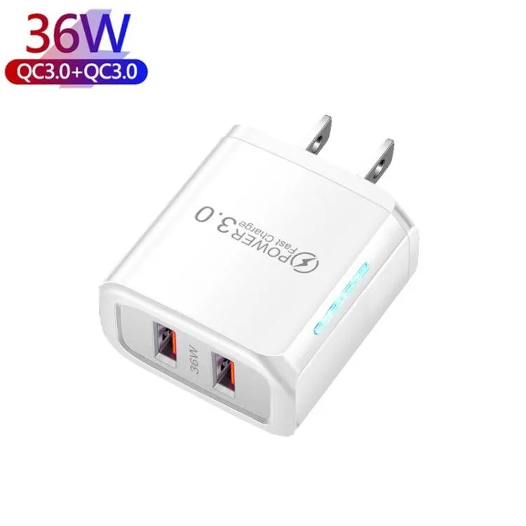 36W Dual QC3.0 USB Charger with 3A Type-C Data Cable, US Plug