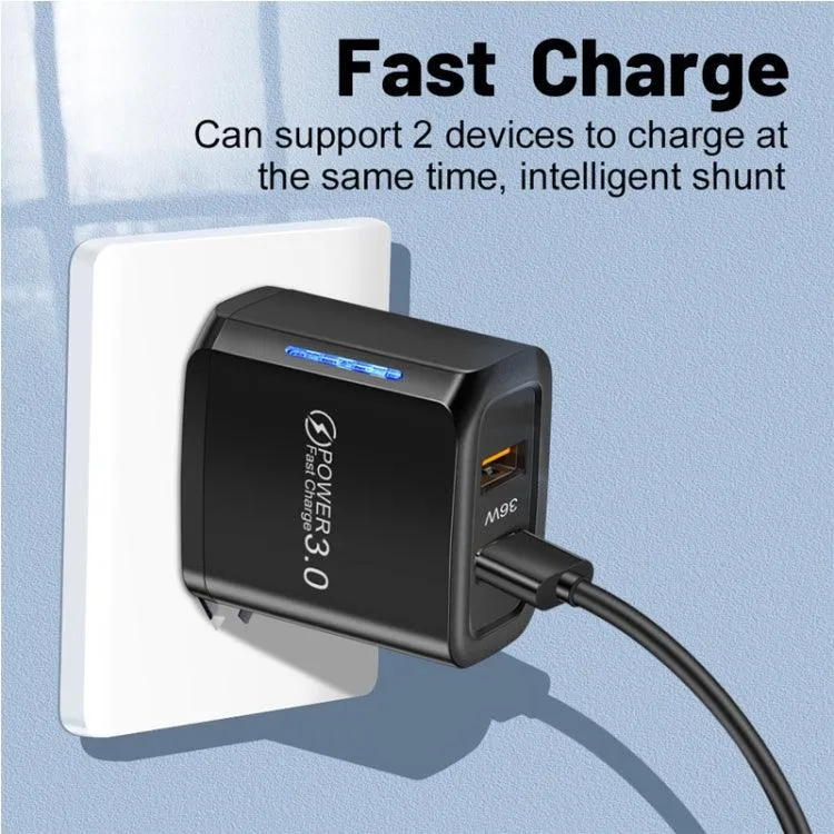 36W Dual QC3.0 USB Charger with 3A Type-C Data Cable, US Plug