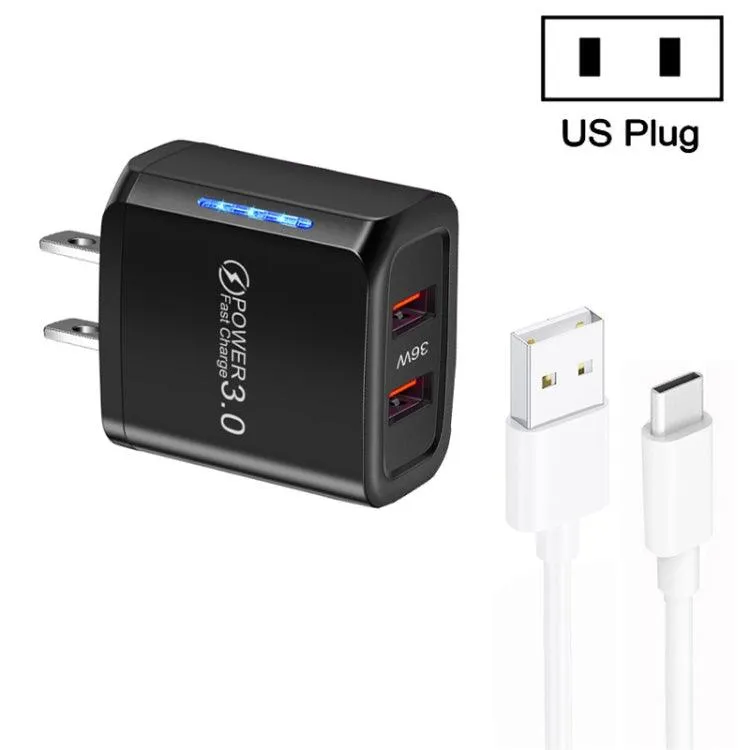 36W Dual QC3.0 USB Charger with 3A Type-C Data Cable, US Plug