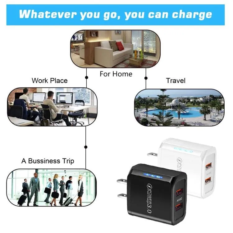 36W Dual QC3.0 USB Charger with 3A Type-C Data Cable, US Plug