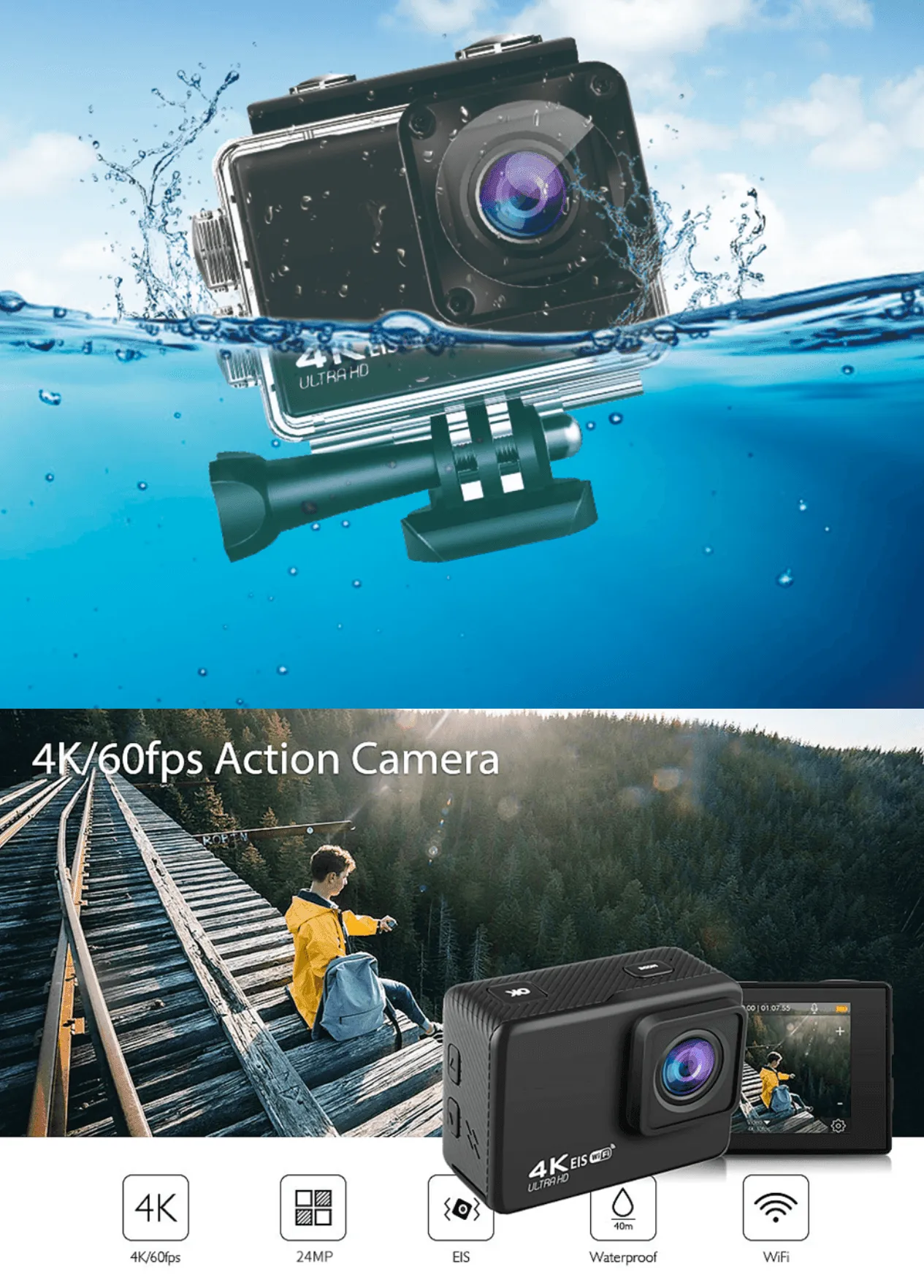 4K 60FPS HD Waterproof Wireless WIFI Sport Action EIS Camera