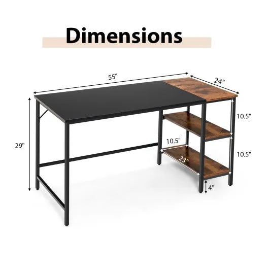 55" Modern Industrial Style Study Writing Desk with 2 Storage Shelves-Black