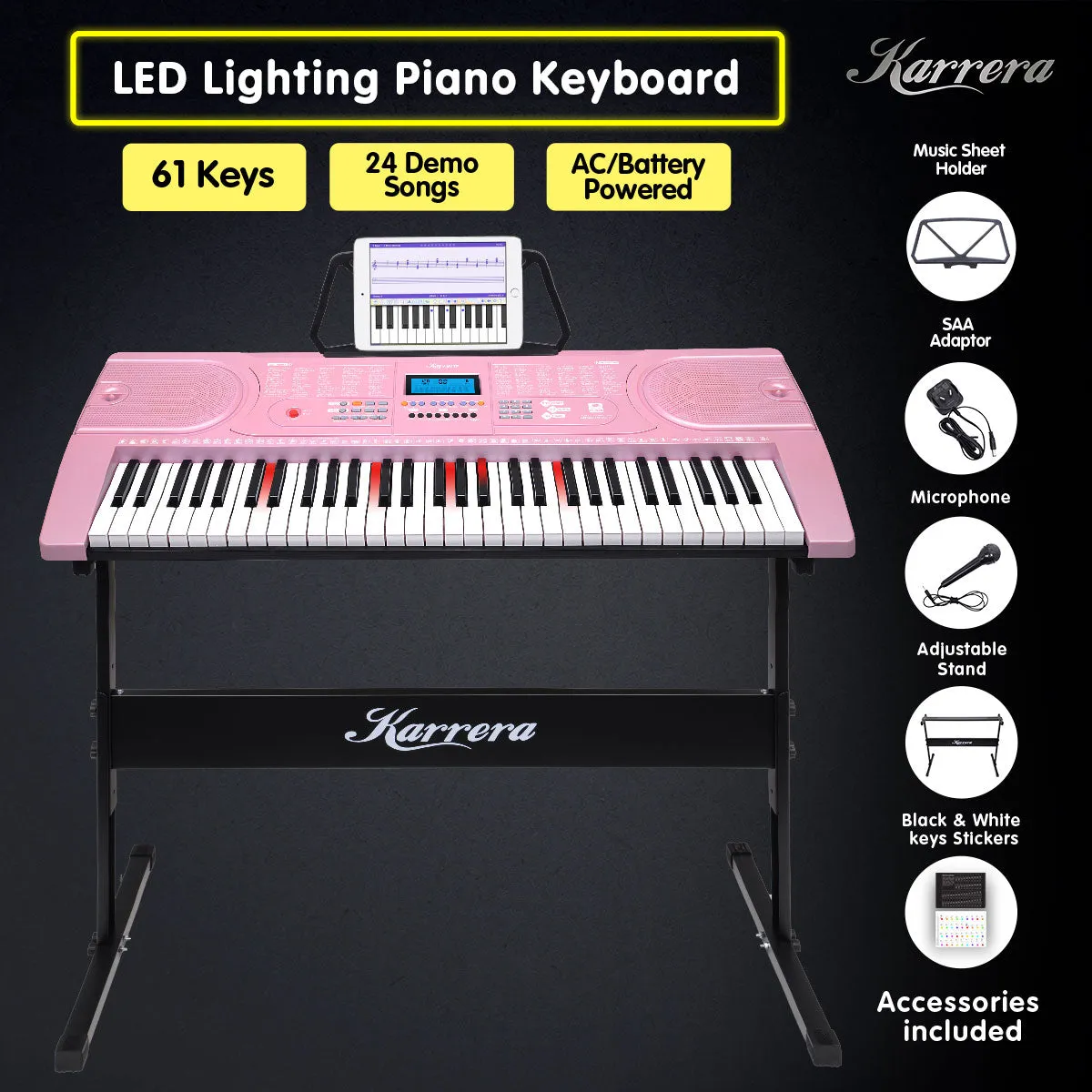 61-Key LED Piano Keyboard, 255 Timbres, Stand - Karrera