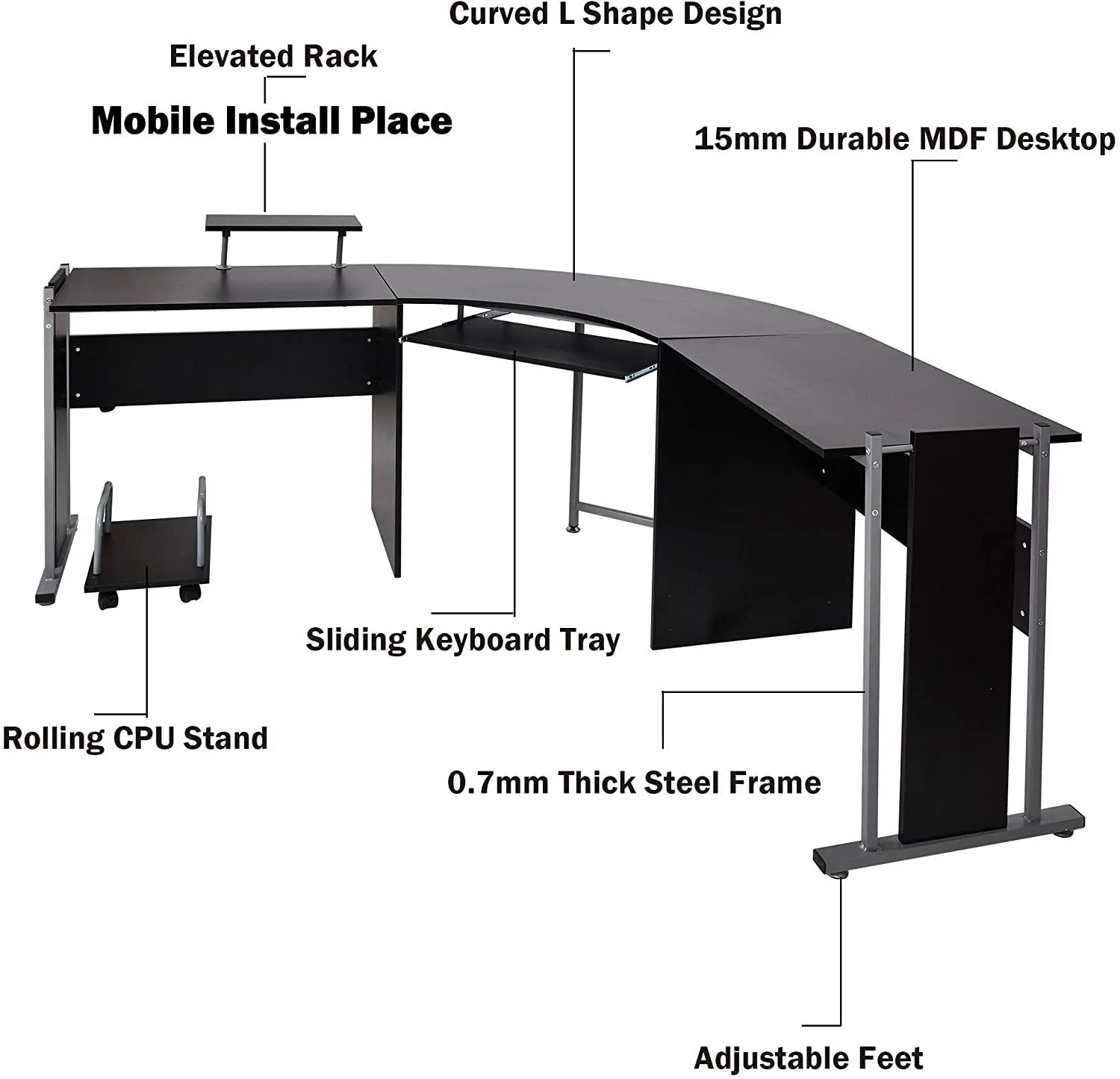 71" L Shaped Gaming Desk with Monitor Stand Keyboard Tray Home Office Large Computer Corner Desk, Black