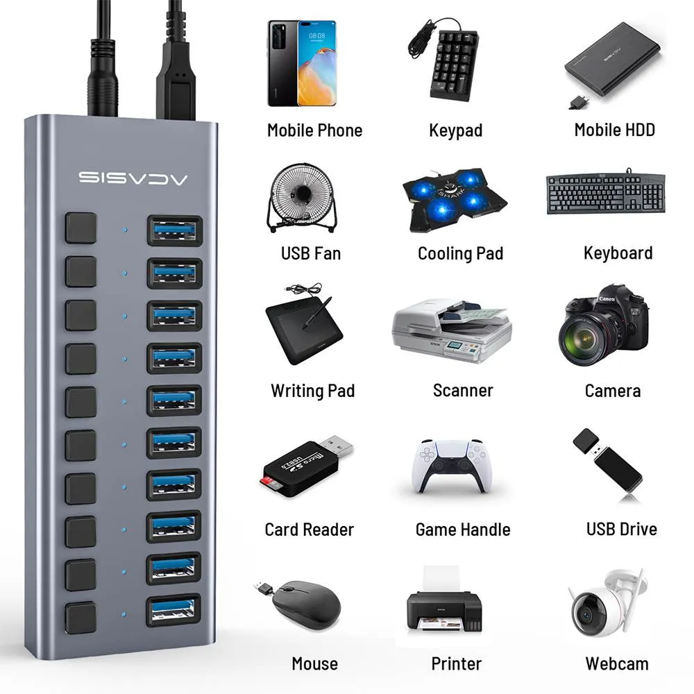 Acasis 10 Ports USB 3.1 Hub with Individual On/Off Switches Splitter