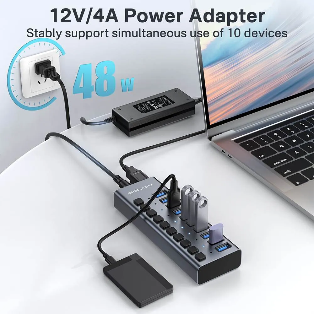 Acasis 10 Ports USB 3.1 Hub with Individual On/Off Switches Splitter