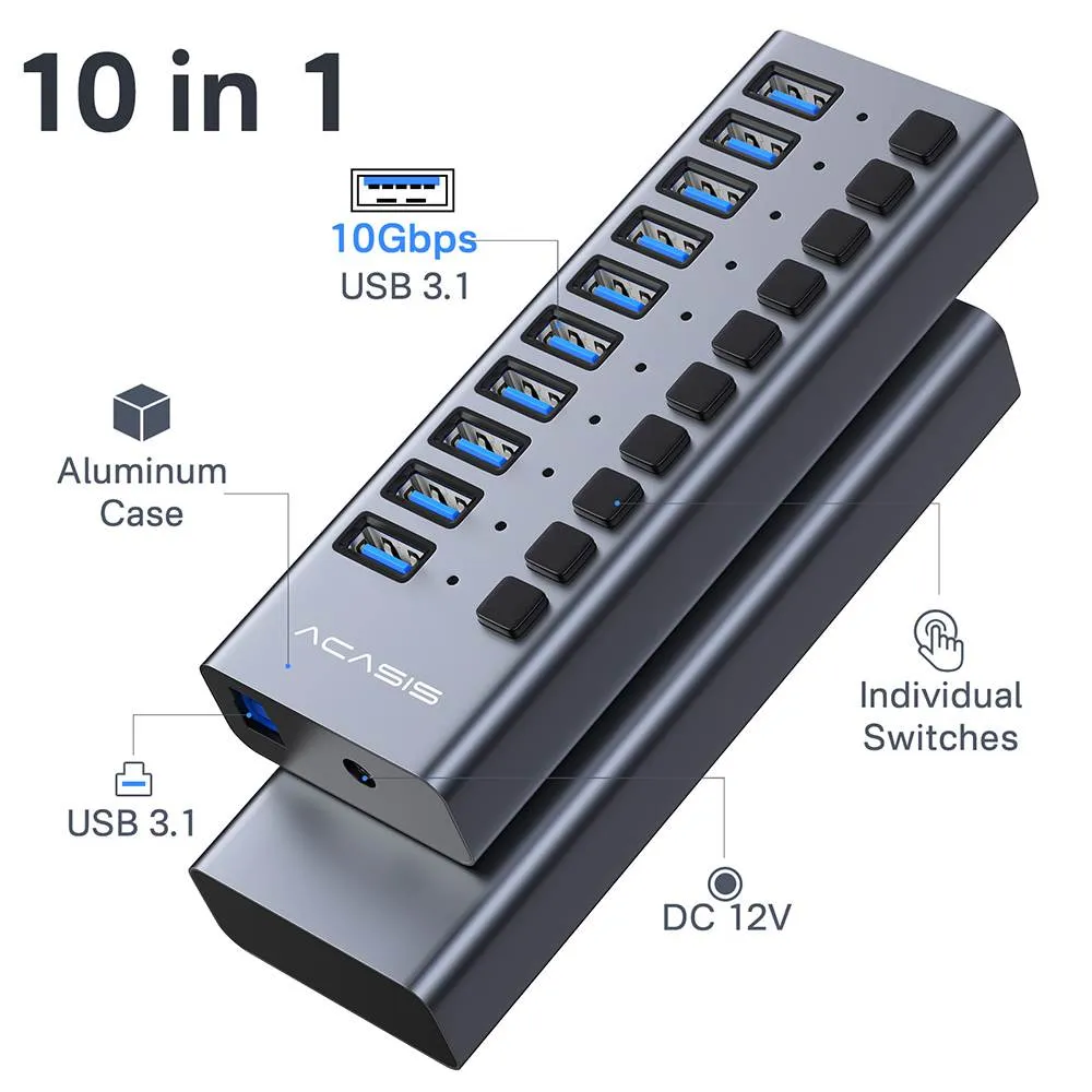 Acasis 10 Ports USB 3.1 Hub with Individual On/Off Switches Splitter