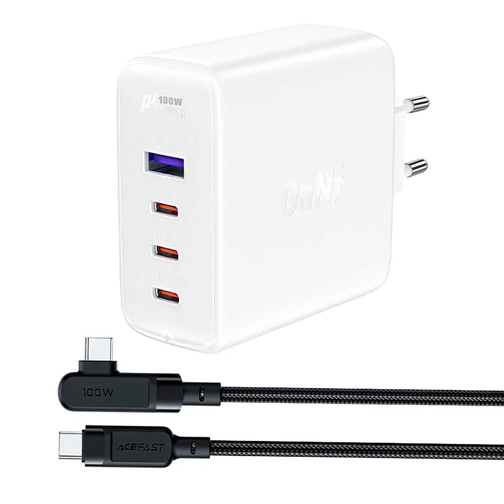 Acefast GaN Charger 100W PD - Vægoplader m. 1 x USB-A & 3 x USB-C - Hvid