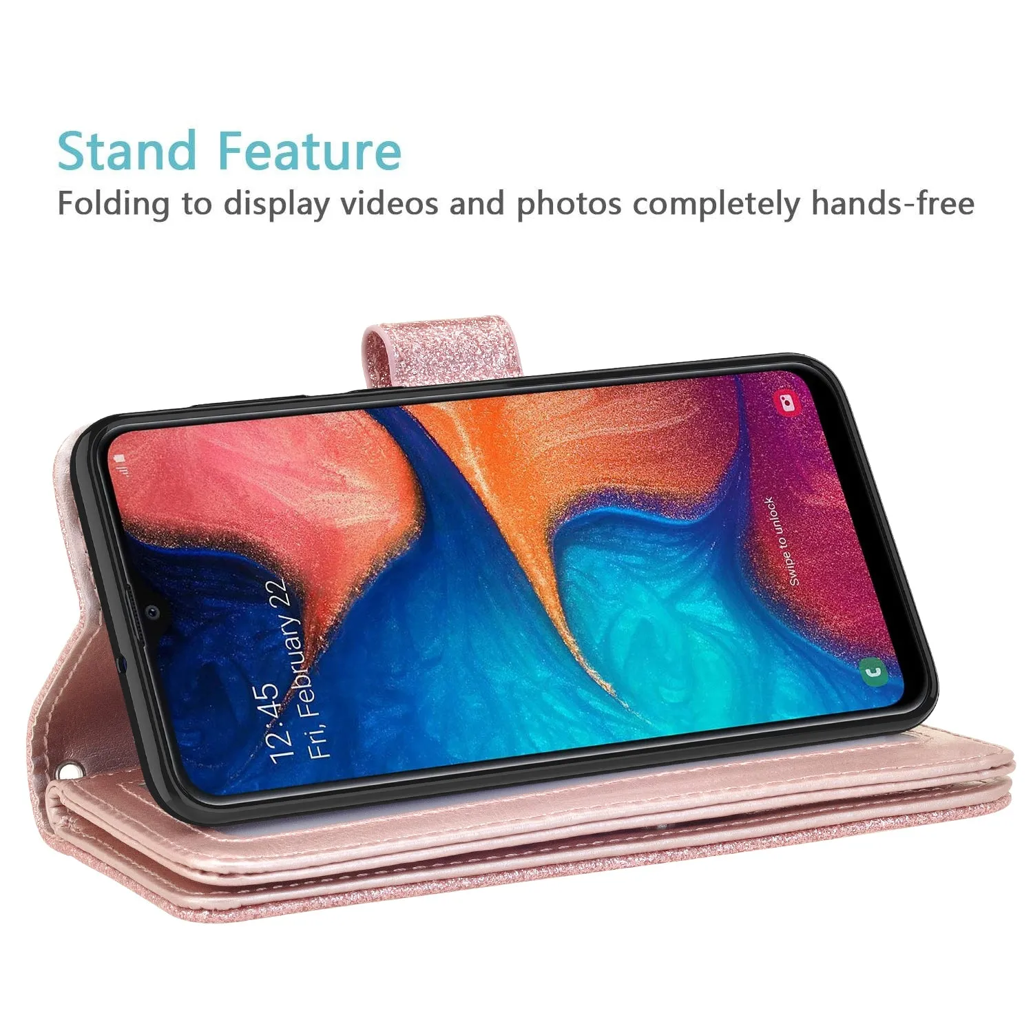 Alcatel 3V (2019) Case, 3V (2019) Case, Glitter Faux Leather Flip Credit Card Holder Wrist Strap Shockproof Protective Wallet Case Clutch for 3V (2019) - Rose Gold