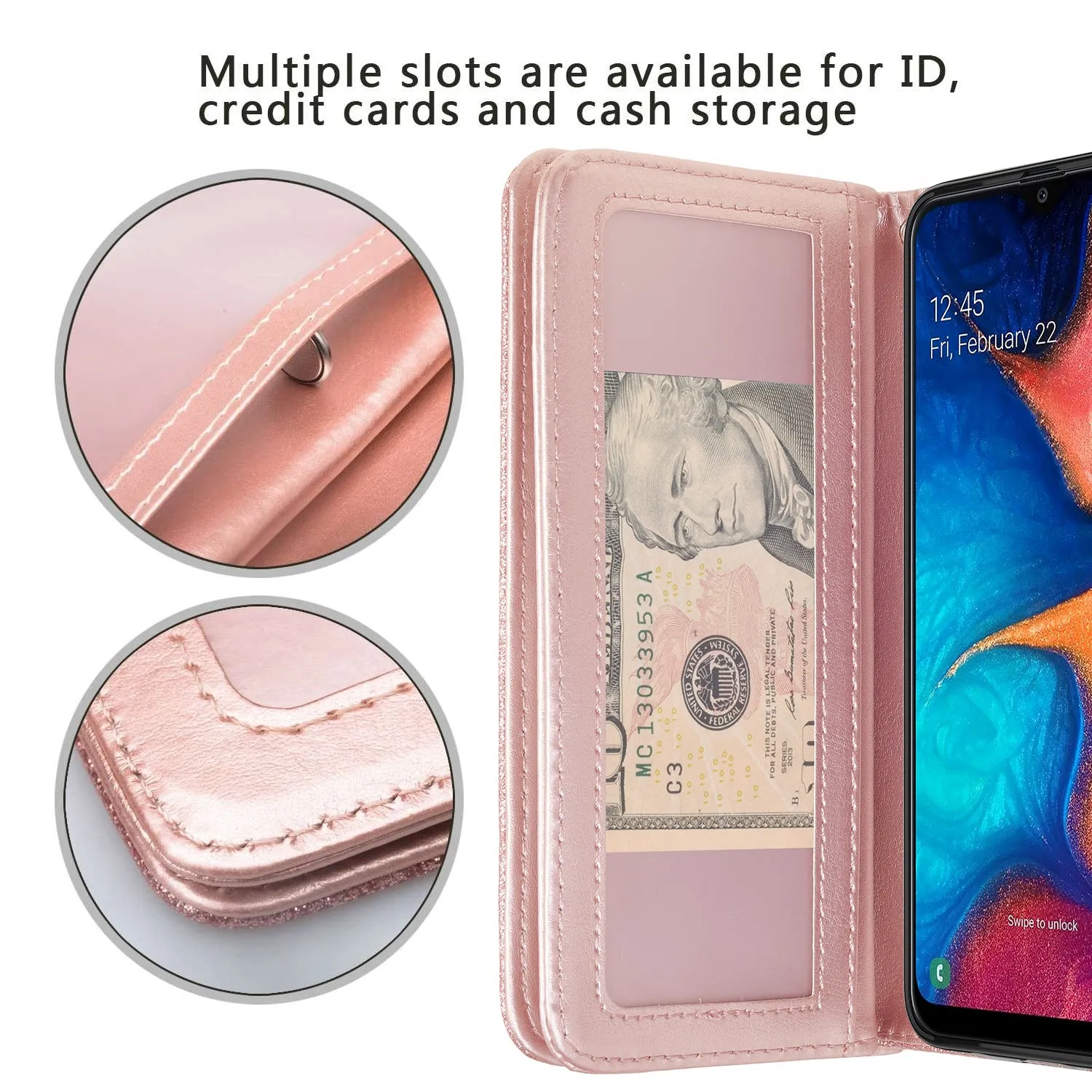 Alcatel 3V (2019) Case, 3V (2019) Case, Glitter Faux Leather Flip Credit Card Holder Wrist Strap Shockproof Protective Wallet Case Clutch for 3V (2019) - Rose Gold