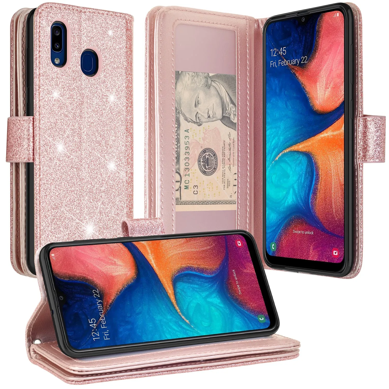 Alcatel 3V (2019) Case, 3V (2019) Case, Glitter Faux Leather Flip Credit Card Holder Wrist Strap Shockproof Protective Wallet Case Clutch for 3V (2019) - Rose Gold