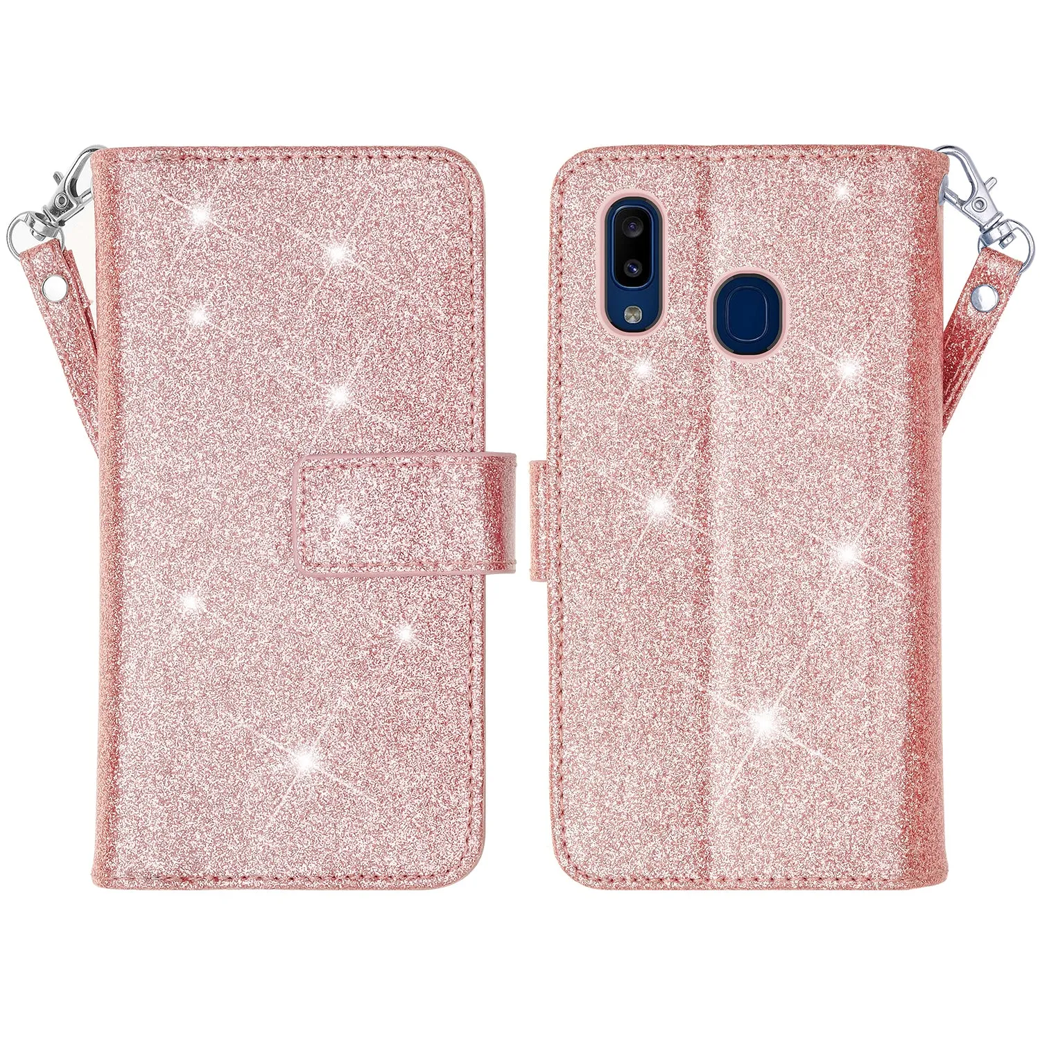 Alcatel 3V (2019) Case, 3V (2019) Case, Glitter Faux Leather Flip Credit Card Holder Wrist Strap Shockproof Protective Wallet Case Clutch for 3V (2019) - Rose Gold