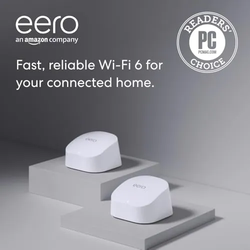 Amazon eero 6 mesh wifi system - Supports speeds up to 500 mbps, Connect to Alexa, Coverage up to 3,000 sq. ft., 2-pack, one router   one extender