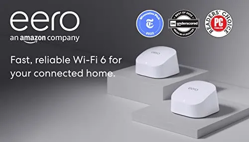 Amazon eero 6 mesh wifi system - Supports speeds up to 500 mbps, Connect to Alexa, Coverage up to 3,000 sq. ft., 2-pack, one router   one extender