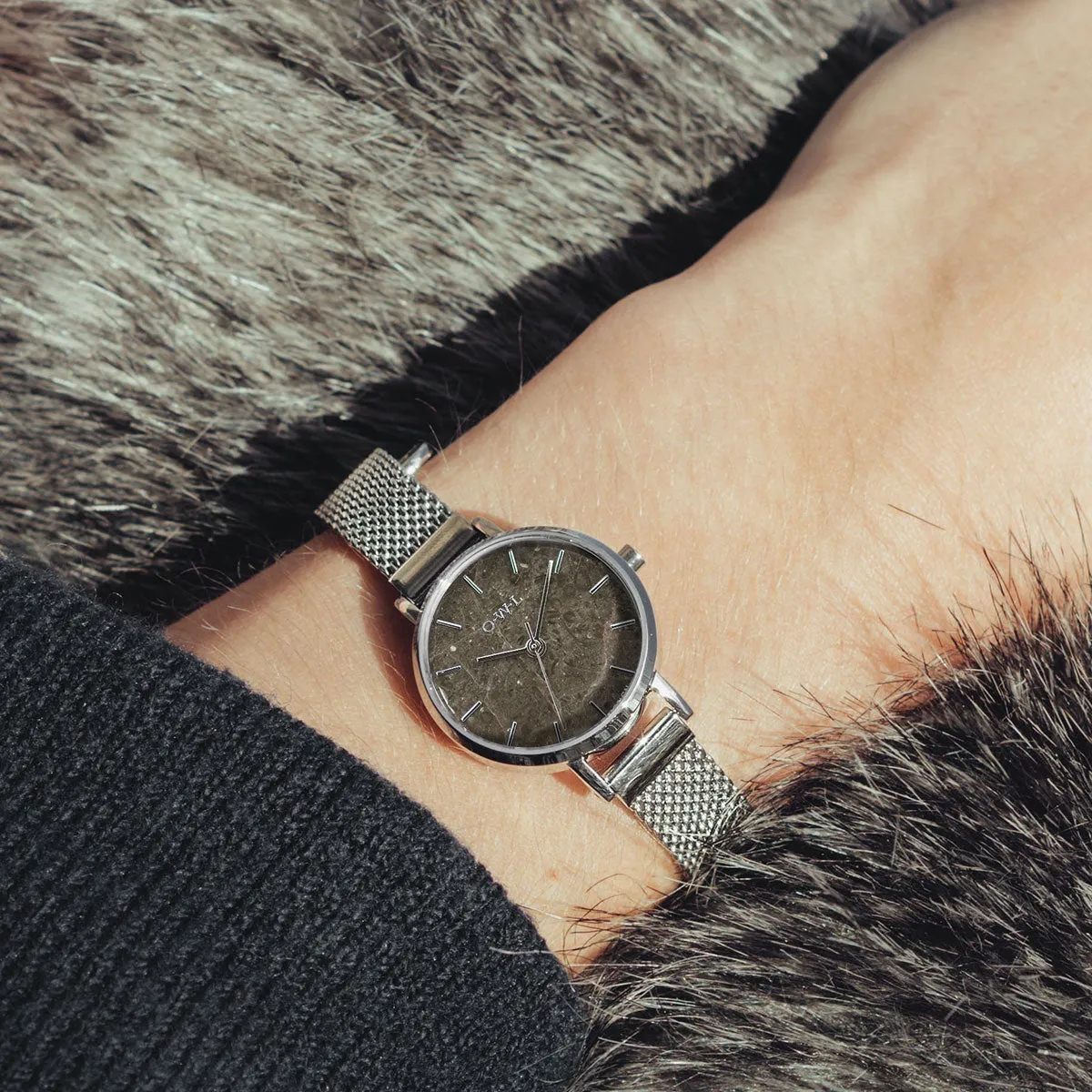 Amesbury Silver mesh watch with a Grey Marble Dial