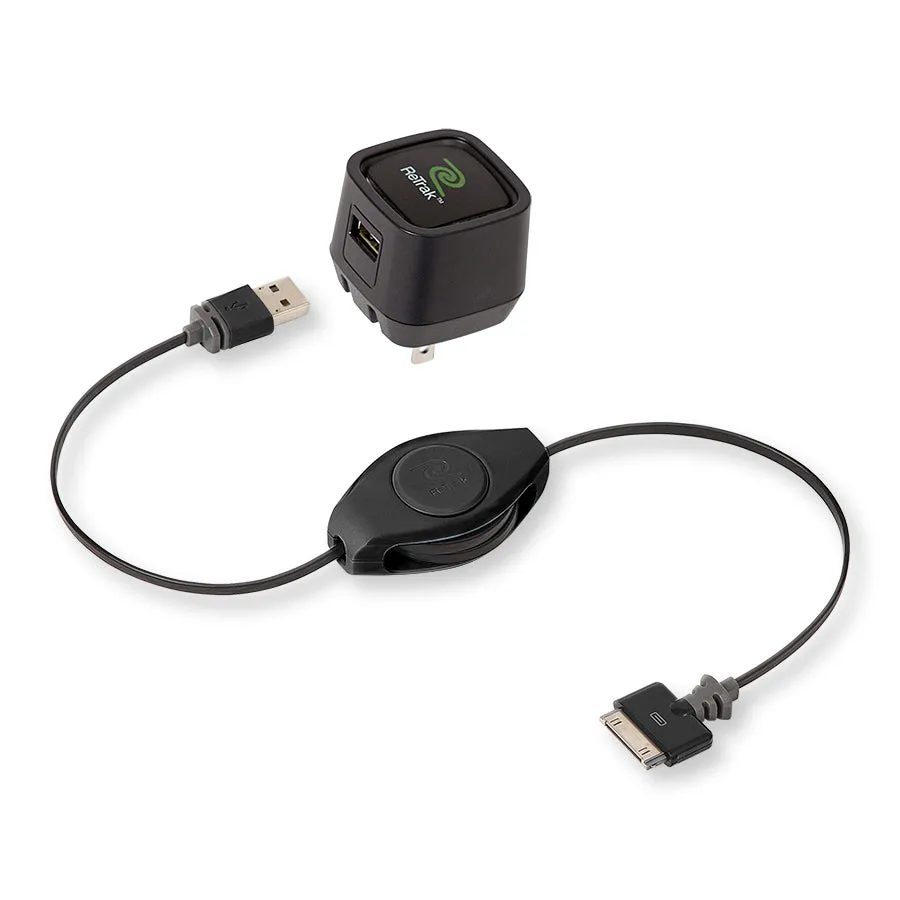 Apple 30-pin to USB Charger | Retractable 30-pin to USB Cable | 2.1A Wall Charger