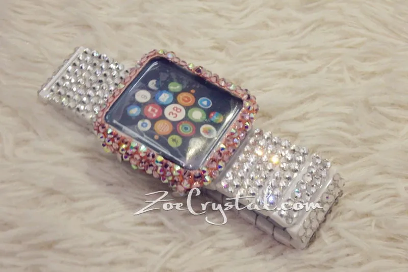 Apple Watch Bling Bedazzled Pink Mixed Ab Crystal Case Protector Cover with a Silver White Swarovski Glitter Strass Band Strap