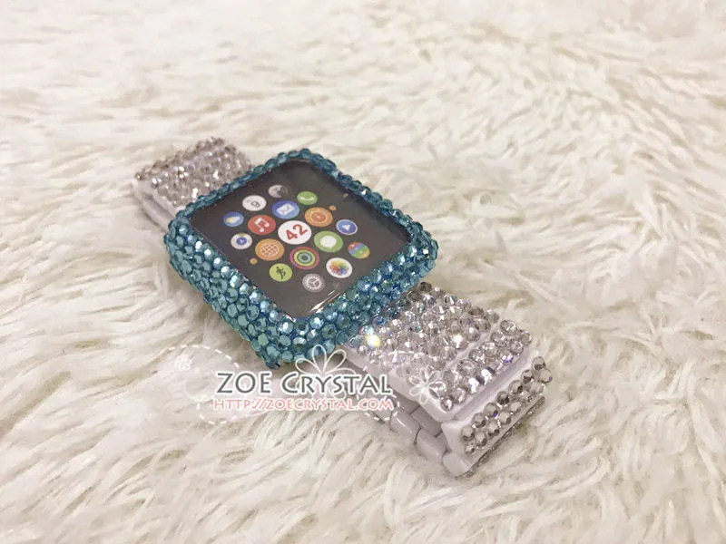 Apple Watch Lake Blue Bling Crystal Case / Protector / Cover with a Silver Swarovski Rhinestone iWatch Band / Strap