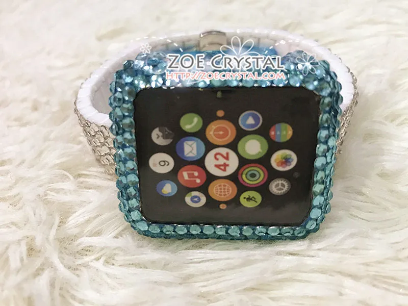 Apple Watch Lake Blue Bling Crystal Case / Protector / Cover with a Silver Swarovski Rhinestone iWatch Band / Strap