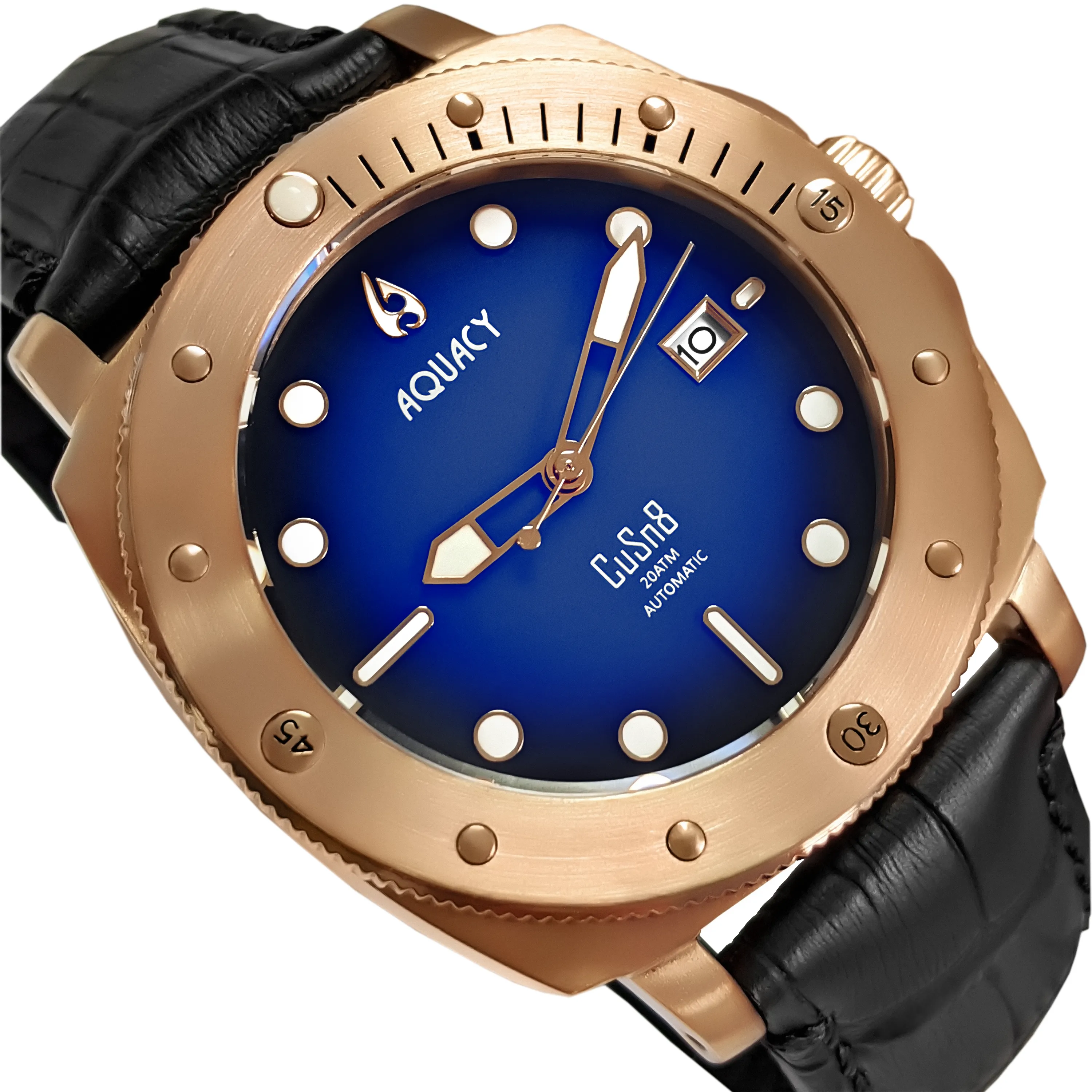 Aquacy Bronze CuSn8 Series Automatic Men's 200m Watch 44mm Black/Blue Dial