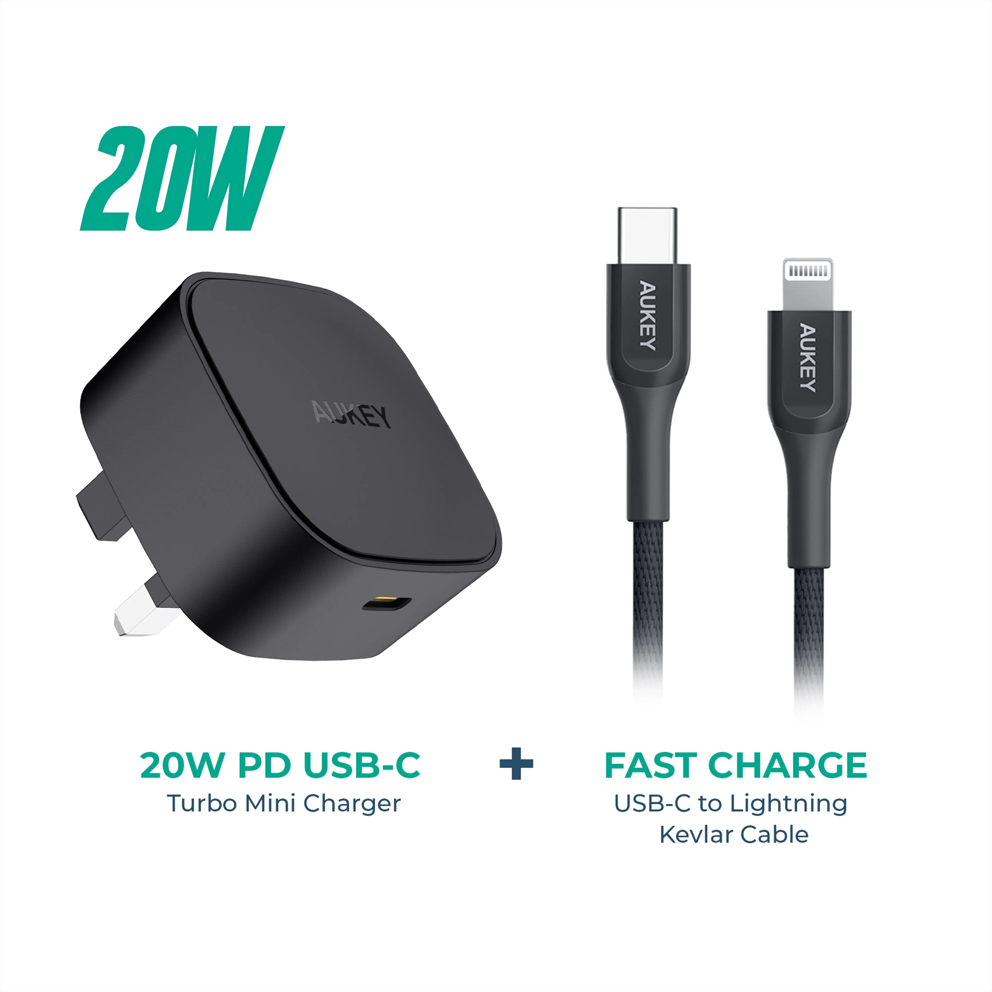 Aukey PA-Y25 : 20W Adapter with Type C Output  CB-CL1: 0.9mtrs USB-C to  Lightning Cable - Black