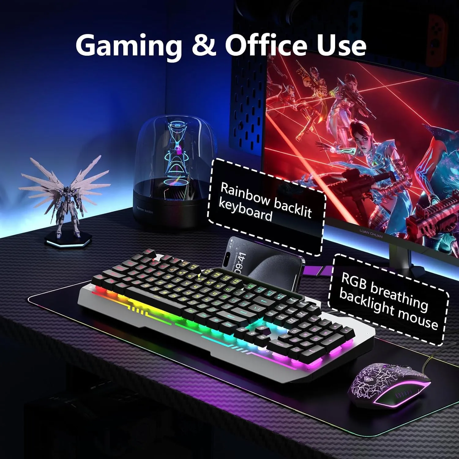 AULA Gaming Keyboard, 104 Keys Gaming Keyboard and Mouse Combo with Rainbow Backlit Quiet Computer Keyboard, All-Metal Panel, Waterproof Light up PC Keyboard, USB Wired Keyboard for MAC Xbox PC Gamers