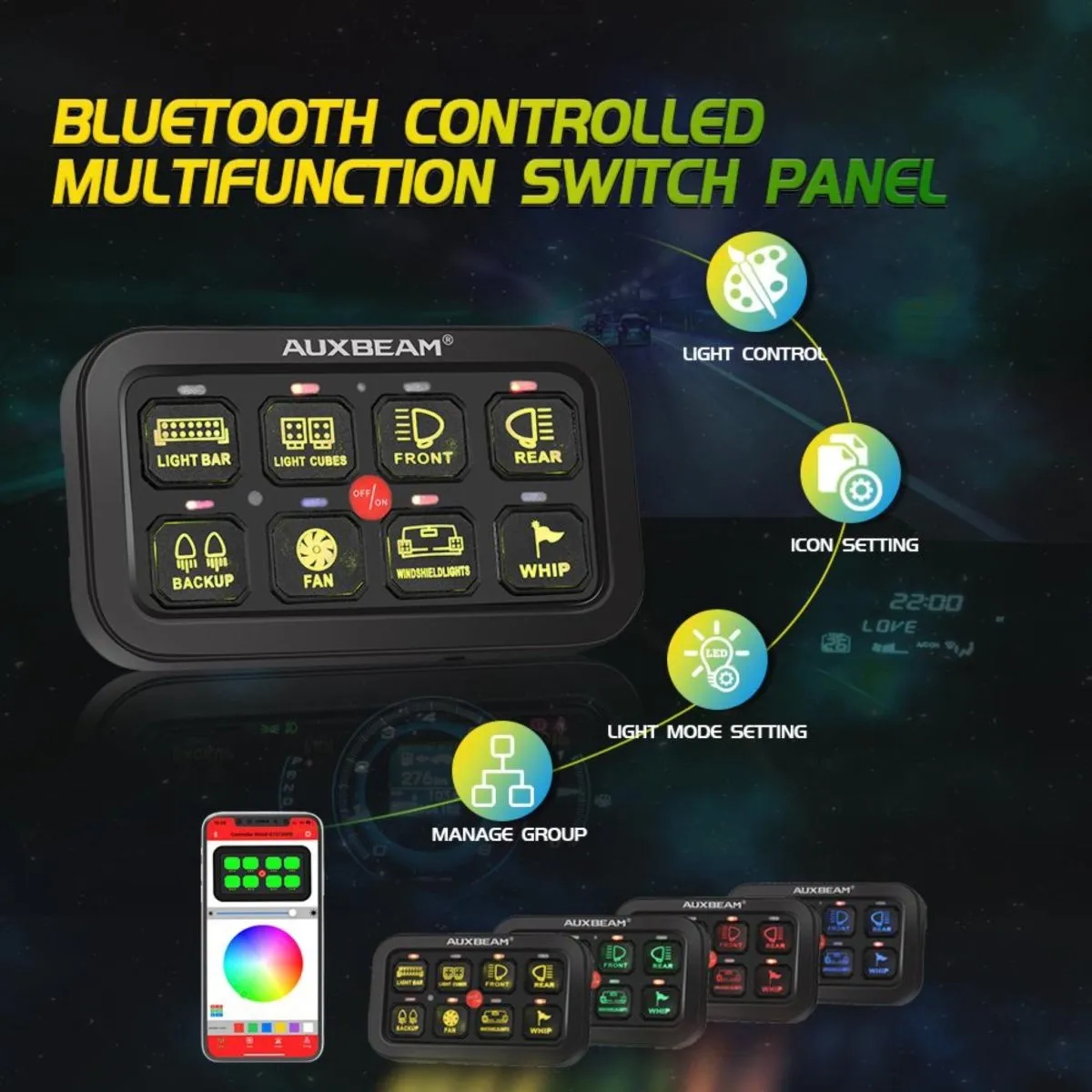 Auxbeam RGB 8 Gang Switch Control Panel with Bluetooth Control