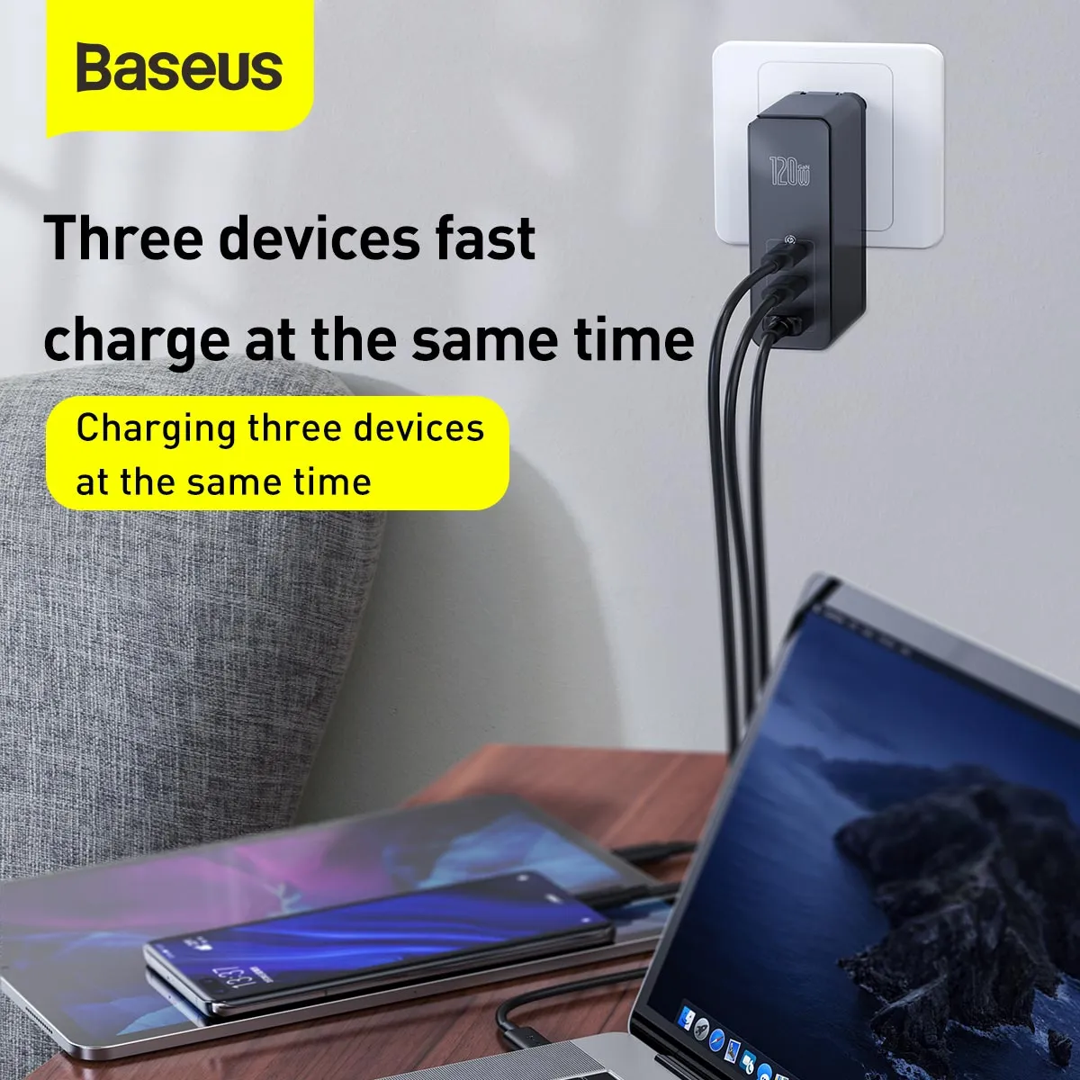 Baseus 120W 2*Type-C / USB-C   USB Ports GaN Mini Fast Charger  Type-C Data Cable, US Plug CCGAN-I01