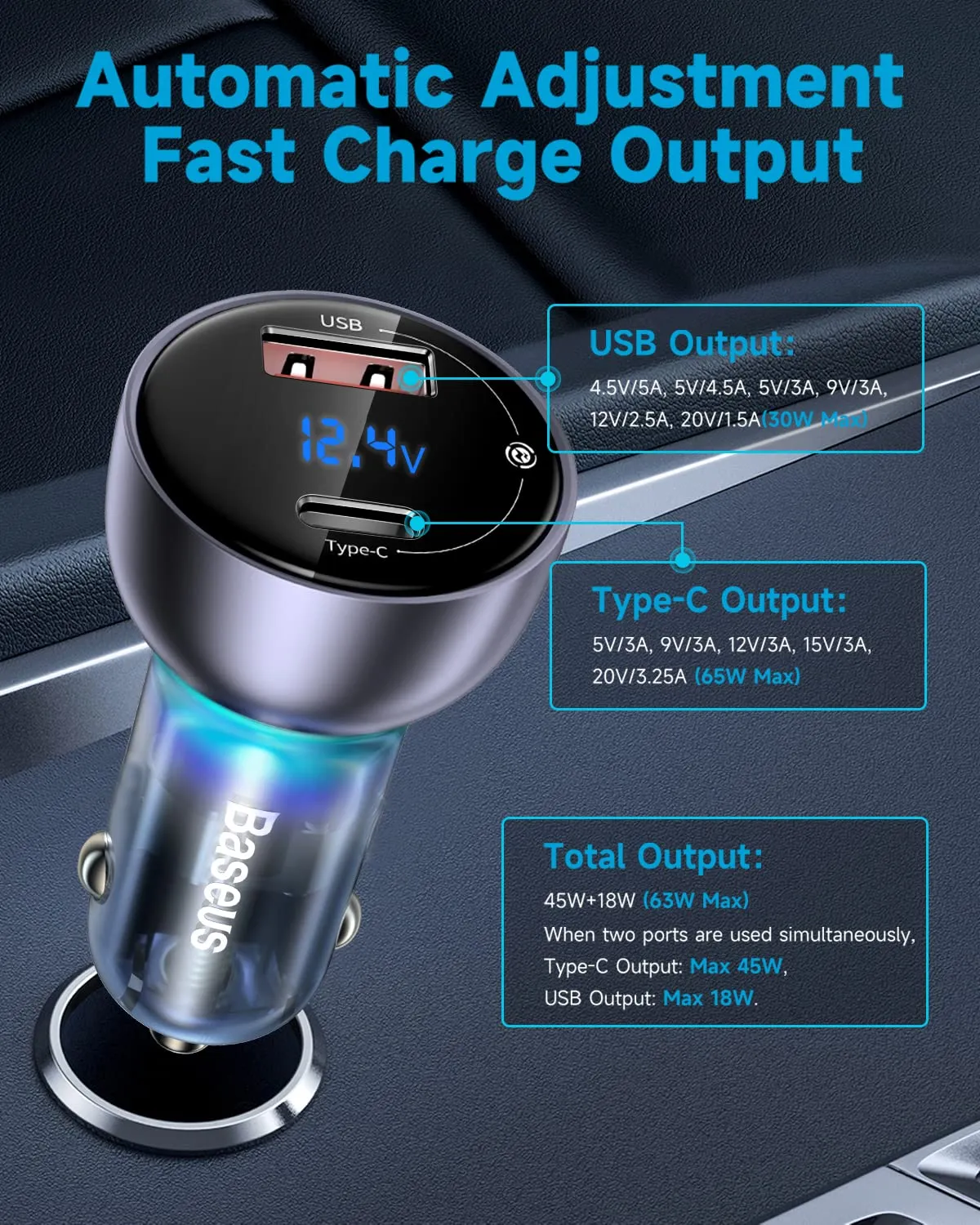 Baseus Particular Digital Display QC   PPS Dual Quick Car Charger with Type-C Cable 65W