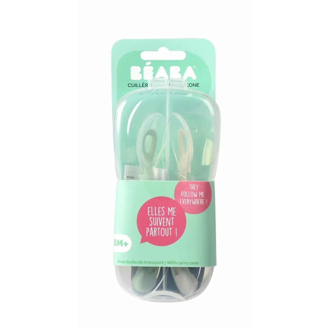 Beaba 2nd Age Silicone Spoon With Case - Velvet Grey/Sage Green (8m )