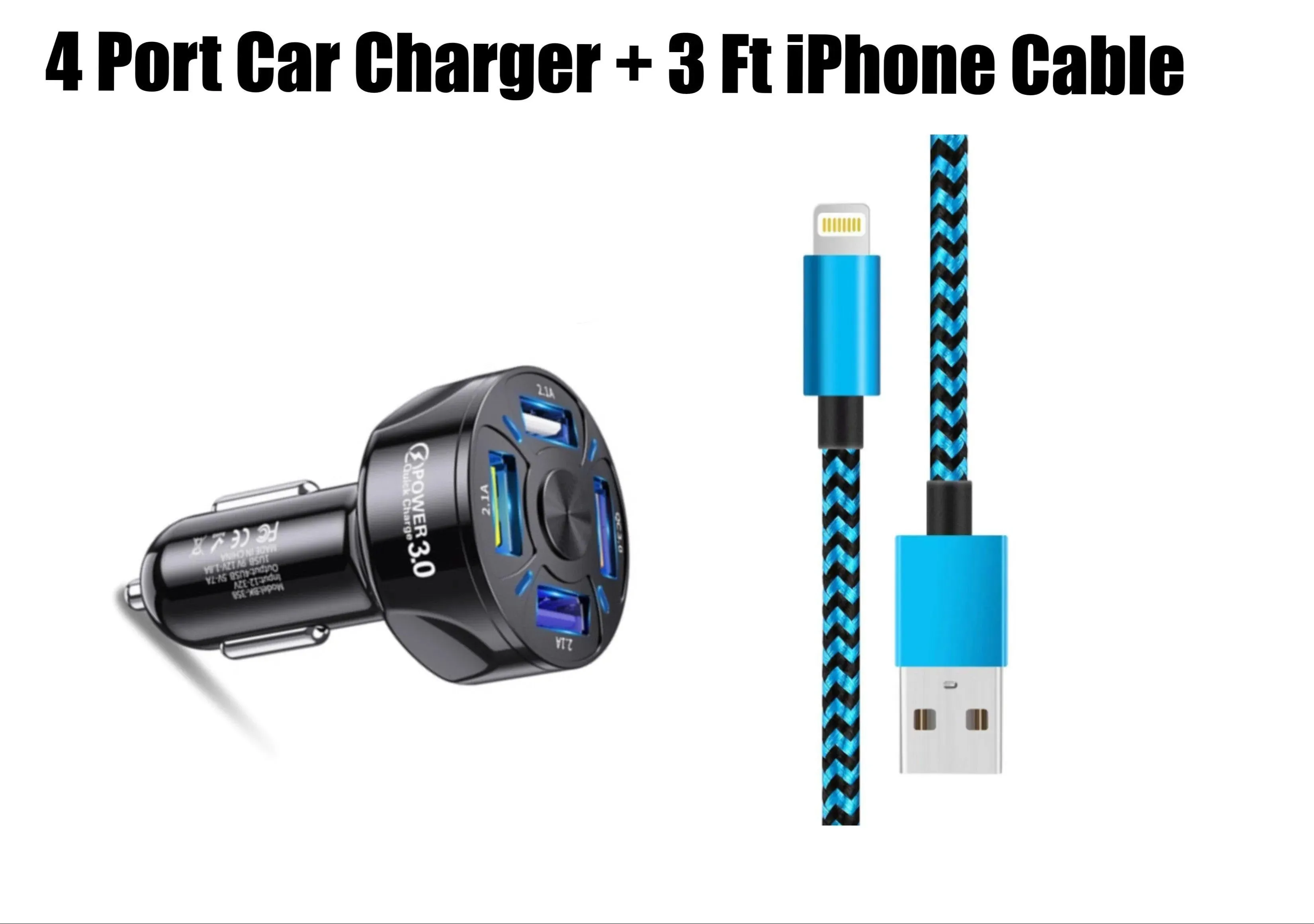 Black 4 Port LED Car Charger and 3FT Charger Compatible for Iphone