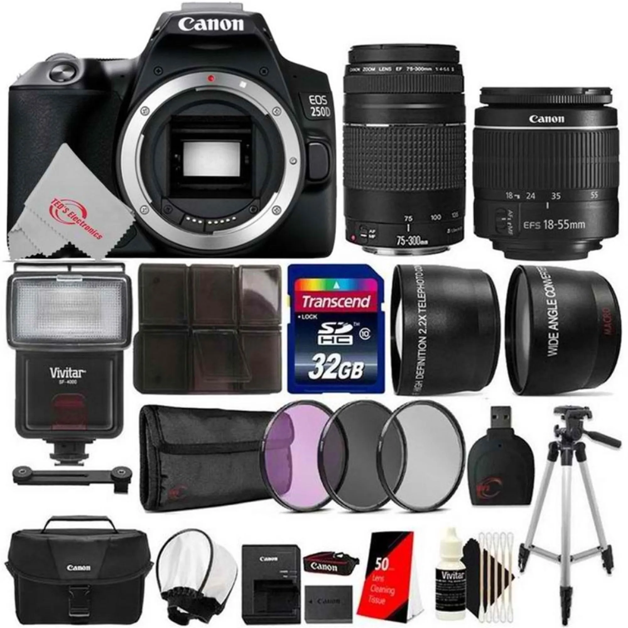 Canon EOS 250D Rebel SL3 24.1MP DSLR Camera   18-55mm & 75-300mm Lens 32GB Kit