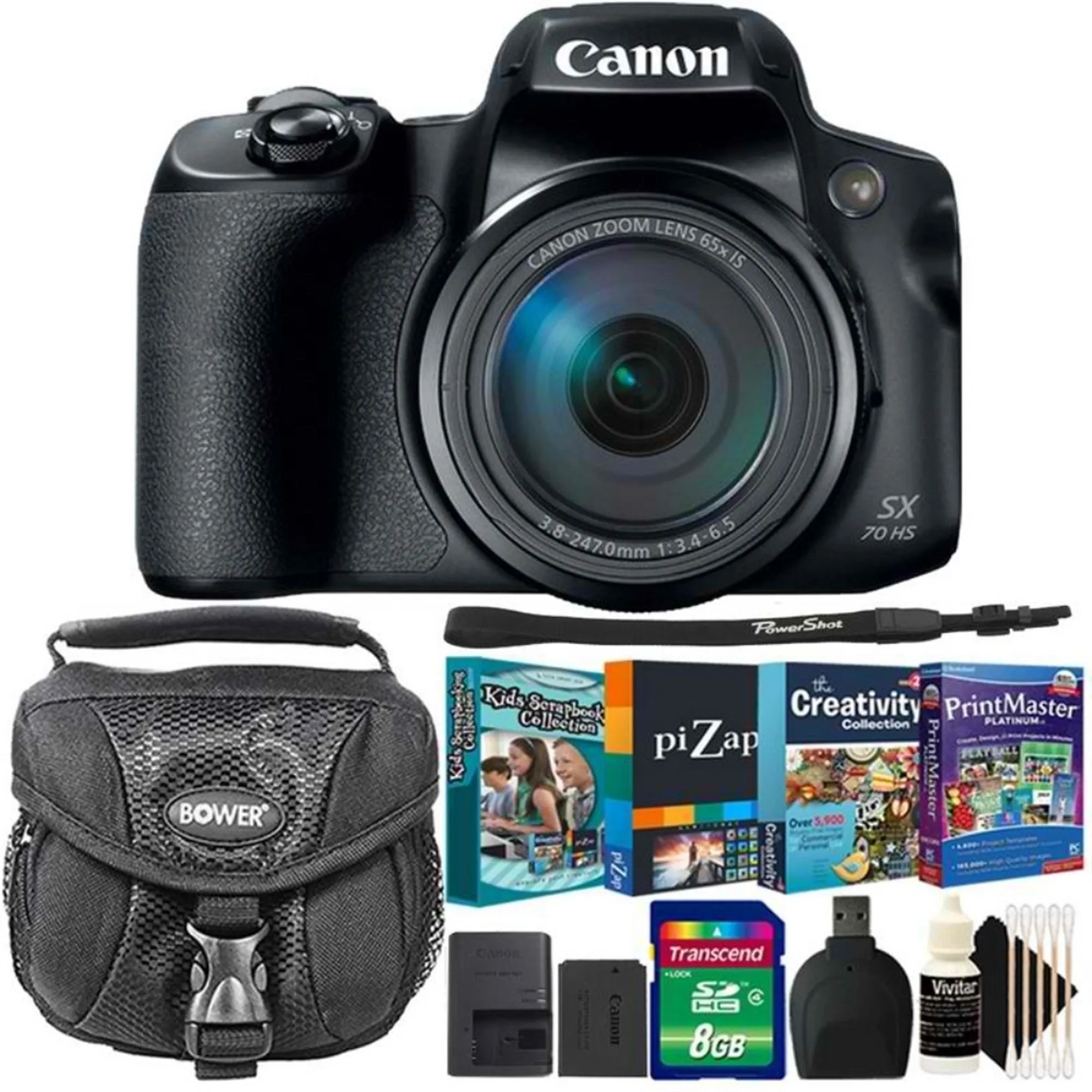 Canon PowerShot SX70 HS Digital Camera   Kids Scrapbooking Collection (Creativity Collection 2, piZap Pro and PrintMaster Platinum v8 Bundle )   8GB Memory Card   Reader   Case   3pc Cleaning Kit