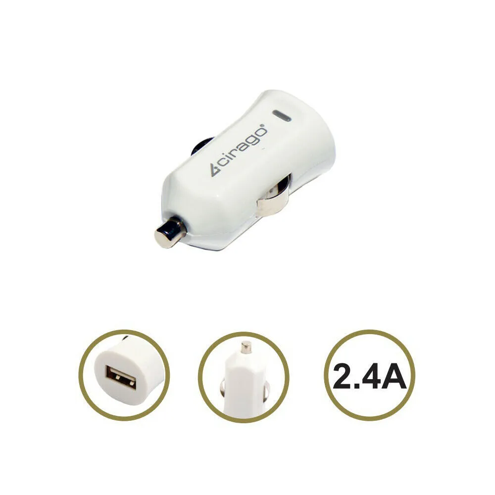 Cirago 5V USB Car Charger Kit & Wall Charger with 6ft Sync/Charger Cable, White