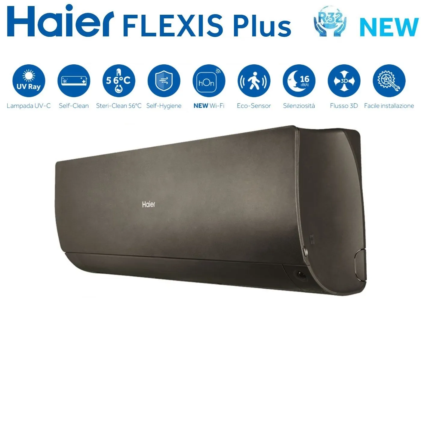 Climatizzatore Condizionatore Haier Quadri Split Inverter serie FLEXIS PLUS BLACK 7 7 9 15 con 4U85S2SR3FA R-32 Wi-Fi Integrato Colore Nero 7000 7000 9000 15000