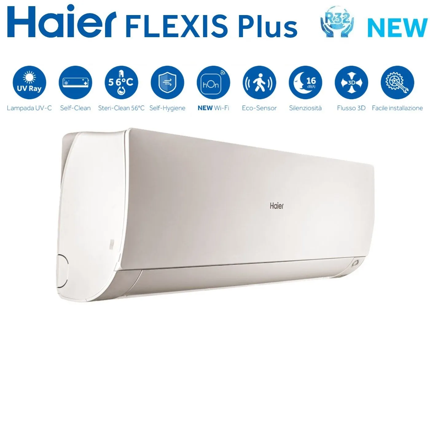 Climatizzatore Condizionatore Haier Trial Split Inverter serie FLEXIS PLUS WHITE 7 9 18 con 3U70S2SR3FA R-32 Wi-Fi Integrato Colore Bianco 7000 9000 18000