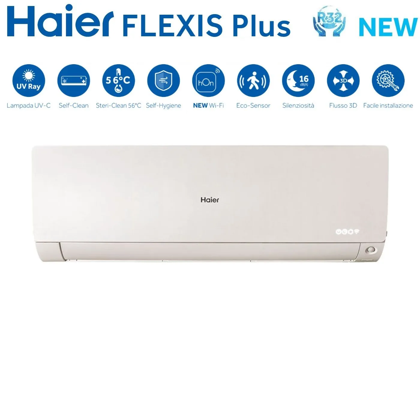 Climatizzatore Condizionatore Haier Trial Split Inverter serie FLEXIS PLUS WHITE 7 9 18 con 3U70S2SR3FA R-32 Wi-Fi Integrato Colore Bianco 7000 9000 18000