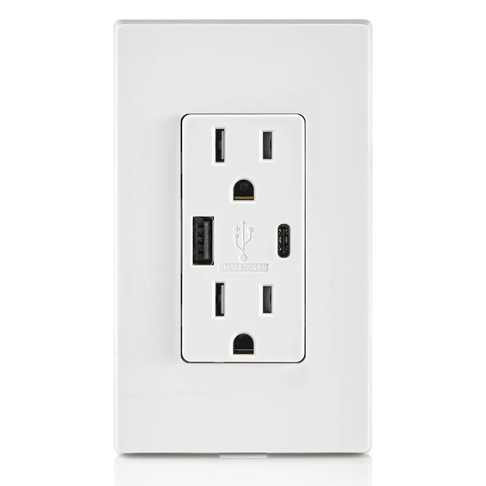 Combination Duplex Receptacle/Outlet and USB Charger. 15 Amp, 125 Volt, Decora Tamper-Resistant Receptacle/Outlet, Back Wired - White