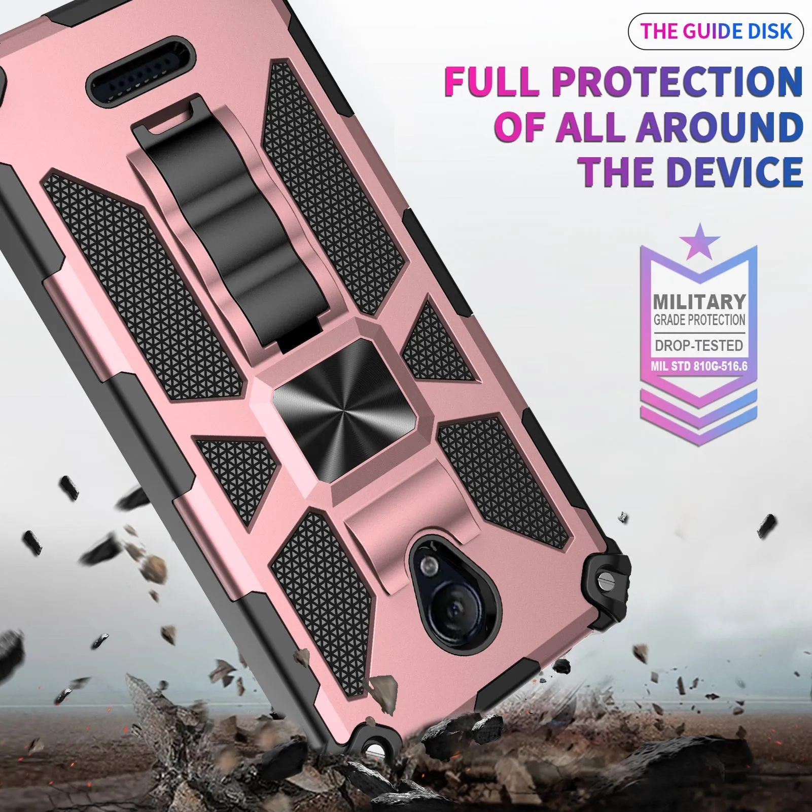 Cricket Icon 2 Case [Military Grade] Ring Car Mount Kickstand w/[Tempered Glass] Hybrid Hard PC Soft TPU Shockproof Protective Case - Rose Gold